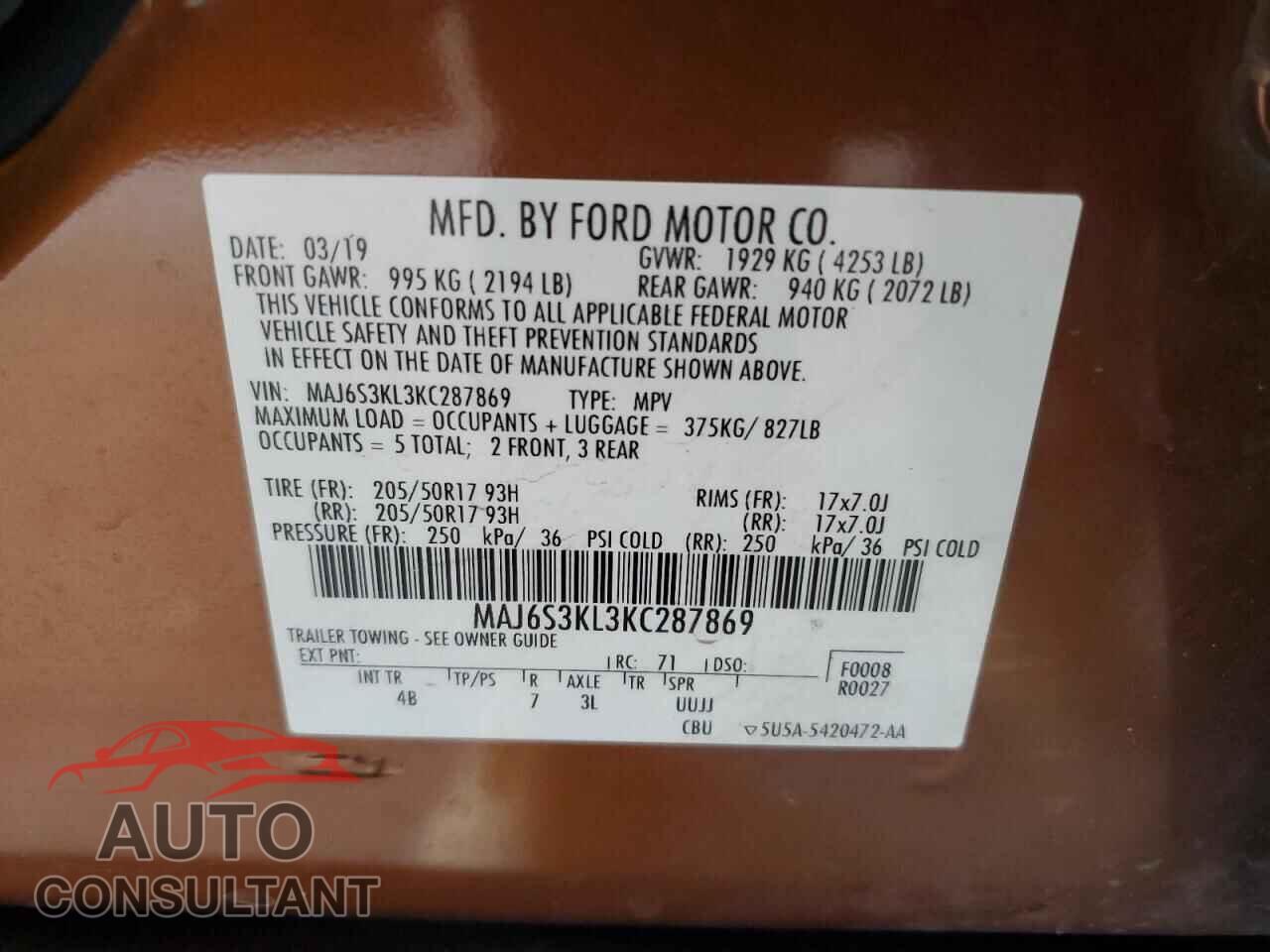 FORD ECOSPORT 2019 - MAJ6S3KL3KC287869