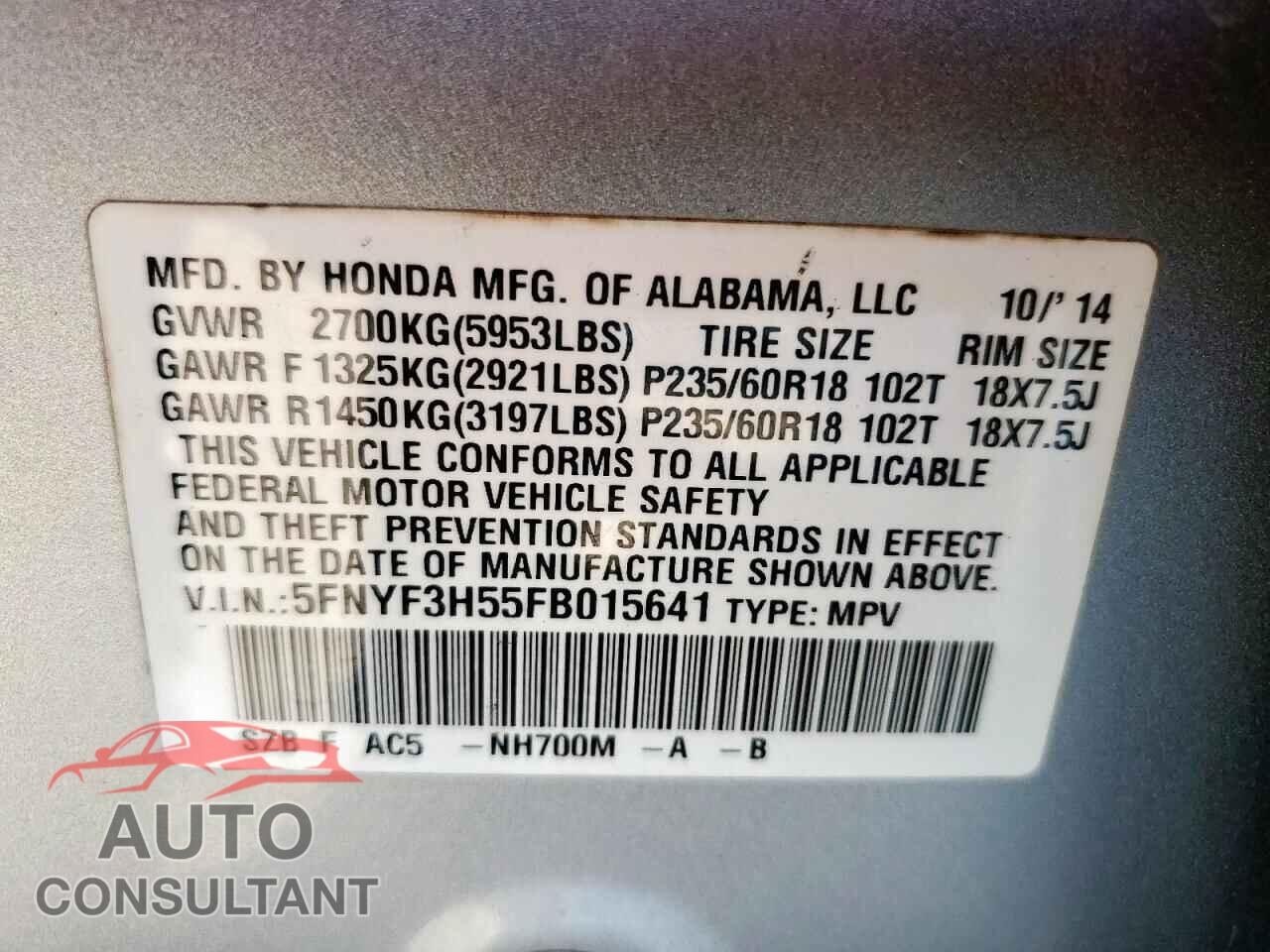HONDA PILOT 2015 - 5FNYF3H55FB015641