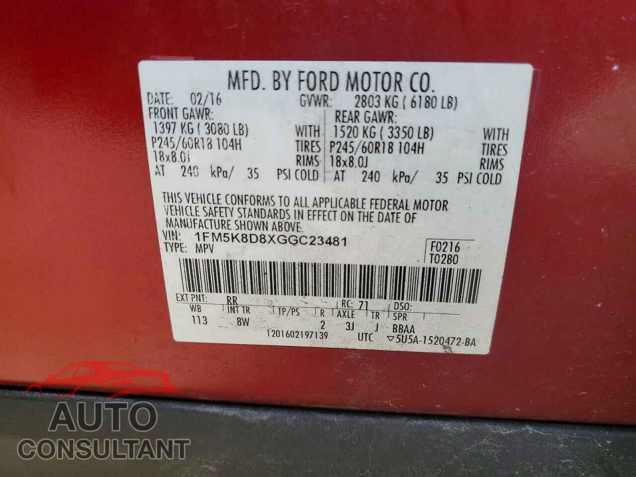 FORD EXPLORER 2016 - 1FM5K8D8XGGC23481
