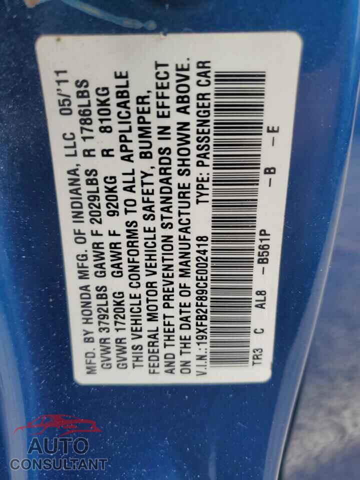 HONDA CIVIC 2012 - 19XFB2F89CE002418