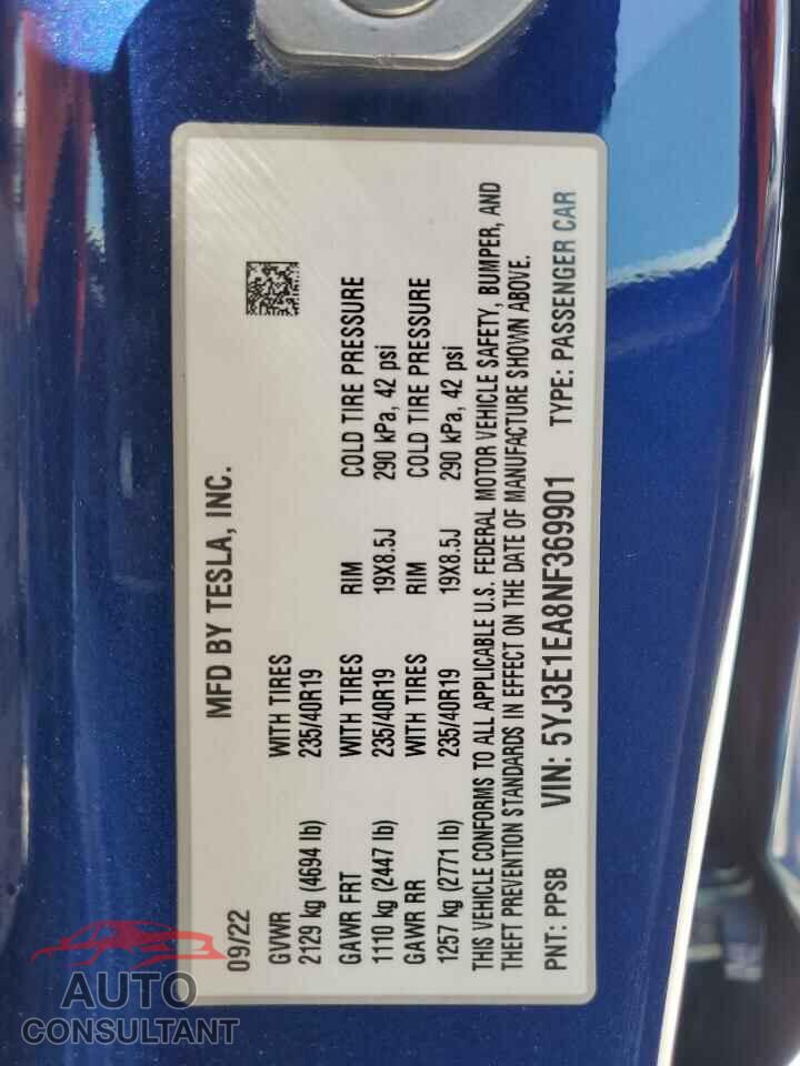 TESLA MODEL 3 2022 - 5YJ3E1EA8NF369901