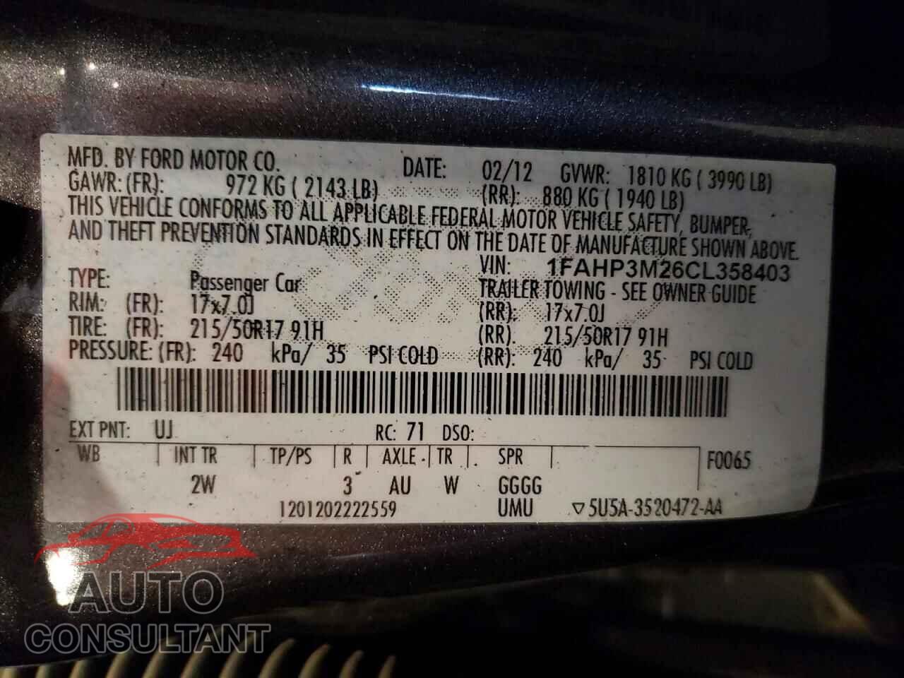 FORD FOCUS 2012 - 1FAHP3M26CL358403