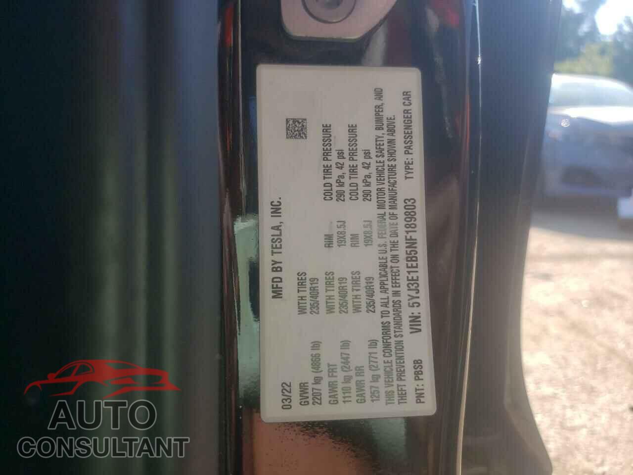 TESLA MODEL 3 2022 - 5YJ3E1EB5NF189803