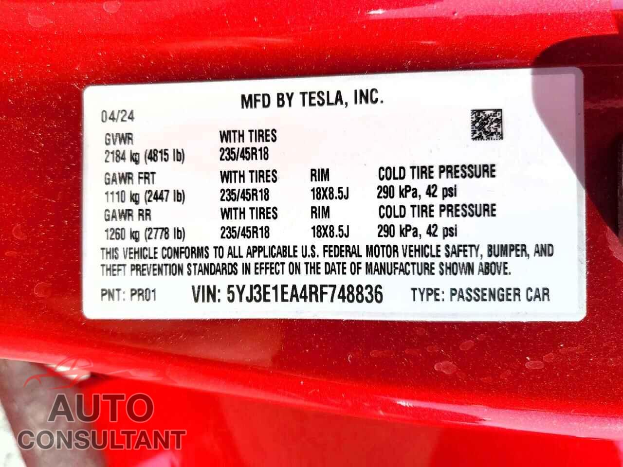 TESLA MODEL 3 2024 - 5YJ3E1EA4RF748836