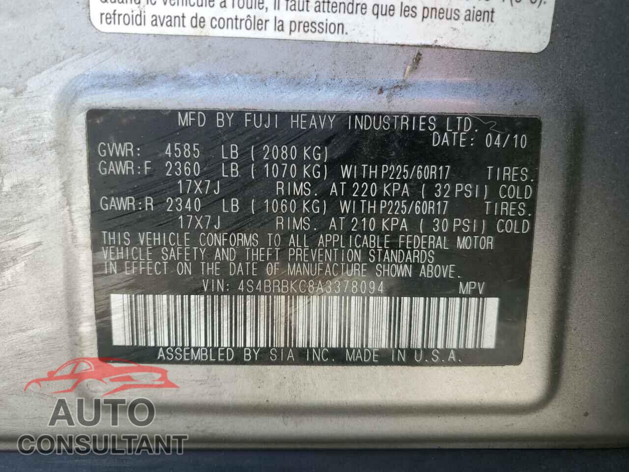 SUBARU OUTBACK 2010 - 4S4BRBKC8A3378094