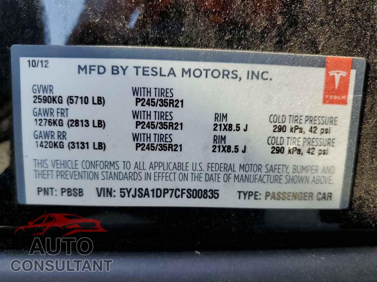 TESLA MODEL S 2012 - 5YJSA1DP7CFS00835
