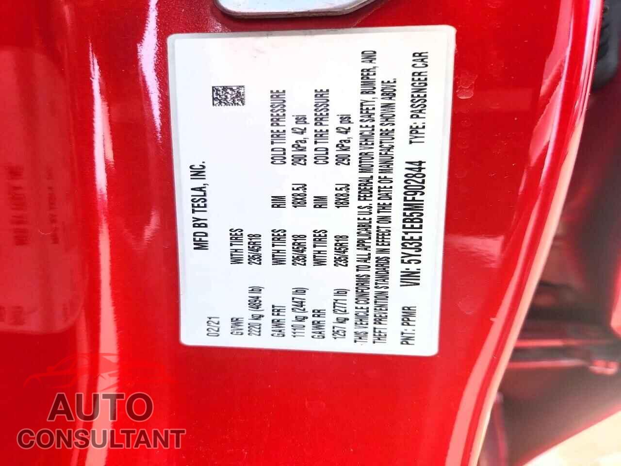 TESLA MODEL 3 2021 - 5YJ3E1EB5MF902844