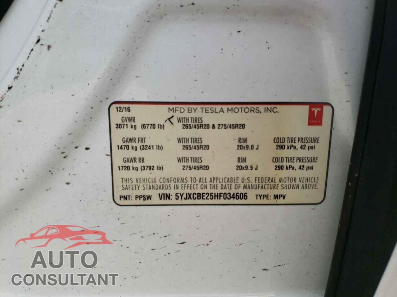 TESLA MODEL X 2017 - 5YJXCBE25HF034606