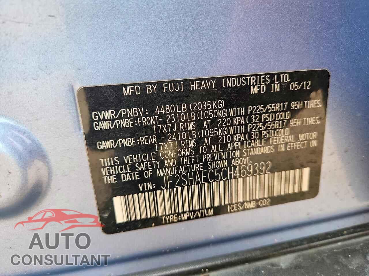 SUBARU FORESTER 2012 - JF2SHAEC5CH469392