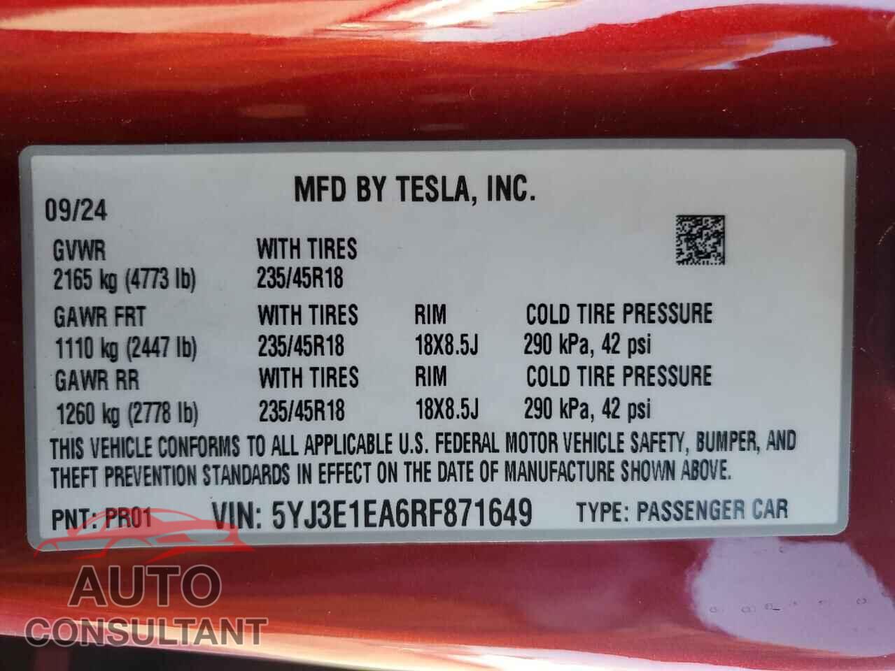 TESLA MODEL 3 2024 - 5YJ3E1EA6RF871649