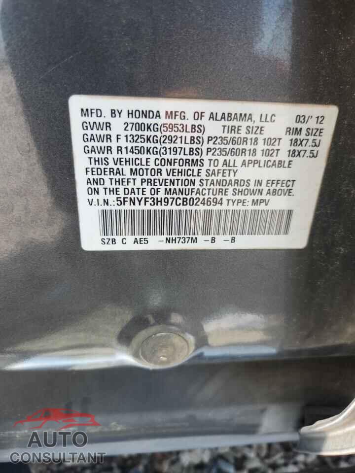 HONDA PILOT 2012 - 5FNYF3H97CB024694