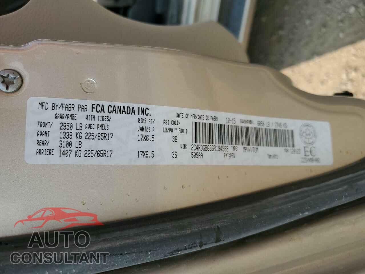 DODGE CARAVAN 2016 - 2C4RDGBG3GR194568