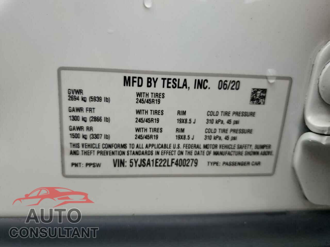 TESLA MODEL S 2020 - 5YJSA1E22LF400279
