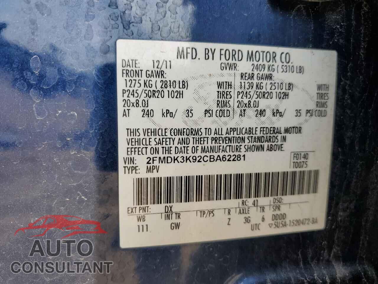 FORD EDGE 2012 - 2FMDK3K92CBA62281