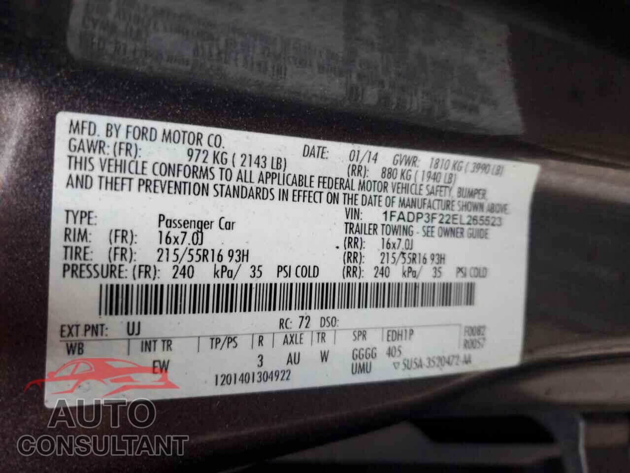 FORD FOCUS 2014 - 1FADP3F22EL265523