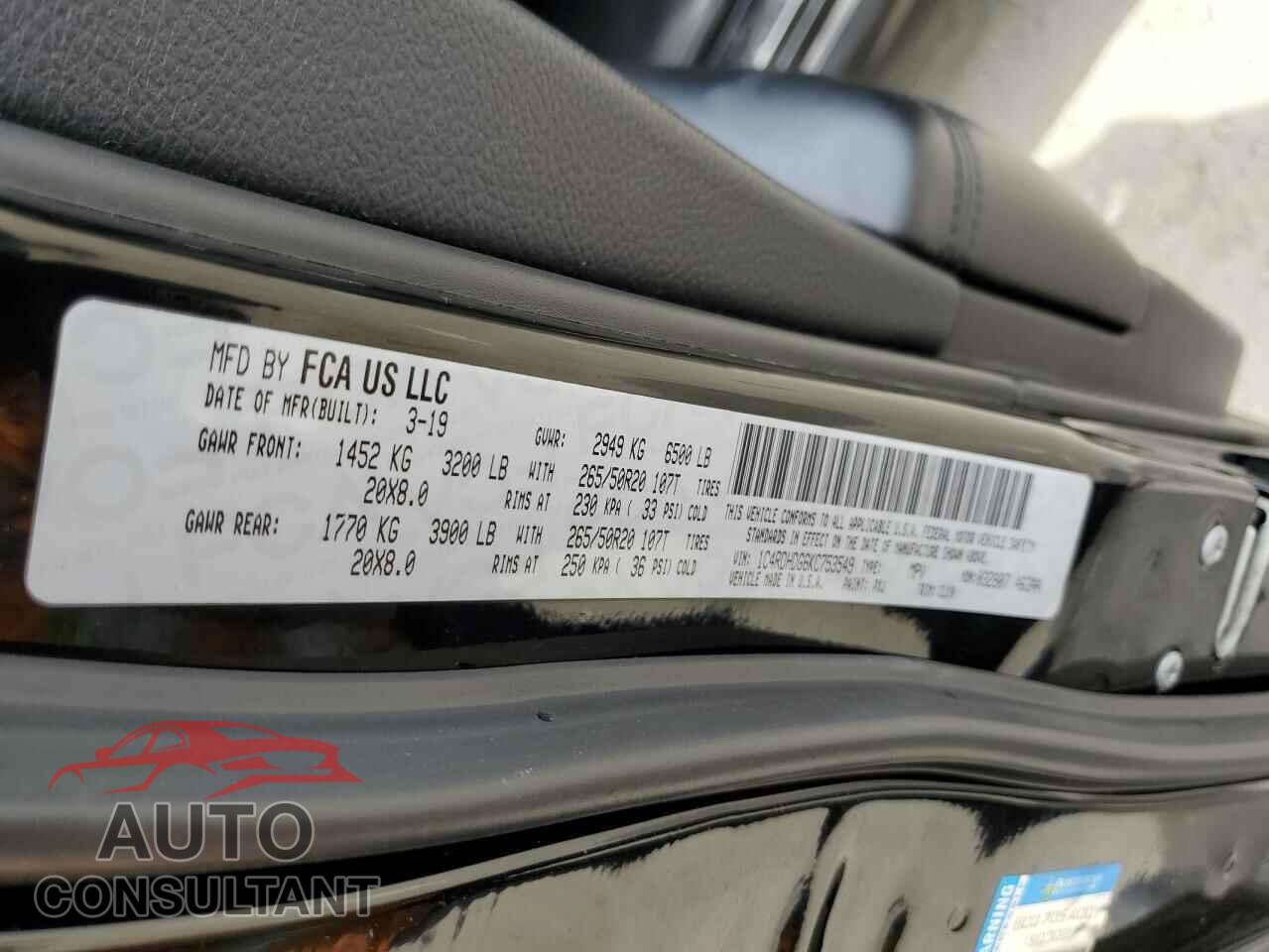 DODGE DURANGO 2019 - 1C4RDHDG6KC753549