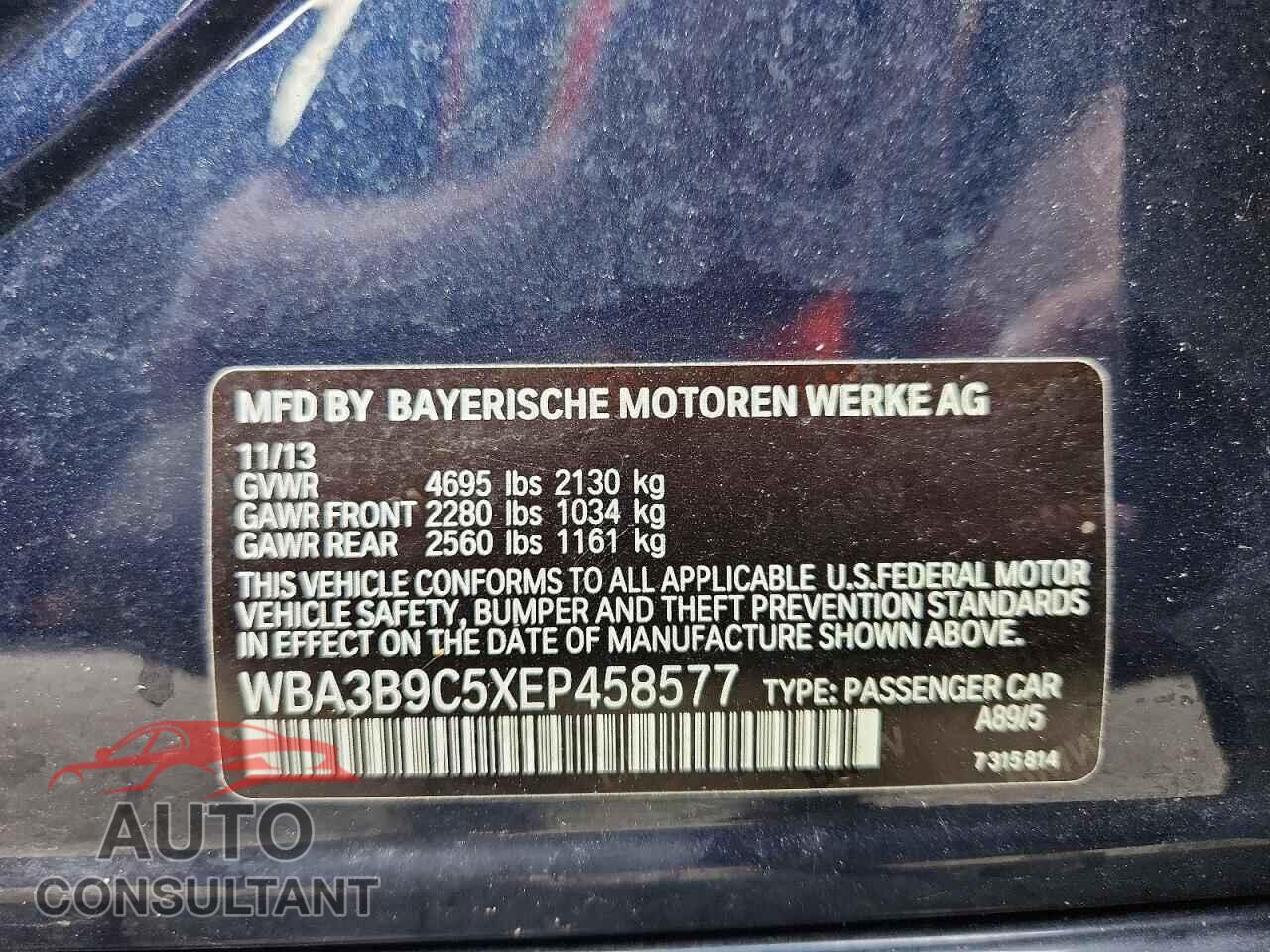BMW 3 SERIES 2014 - WBA3B9C5XEP458577