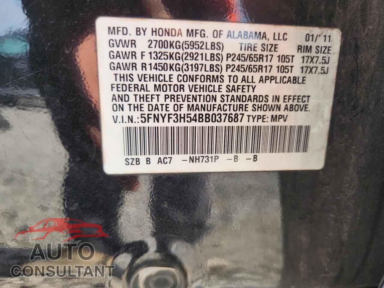HONDA PILOT 2011 - 5FNYF3H54BB037687