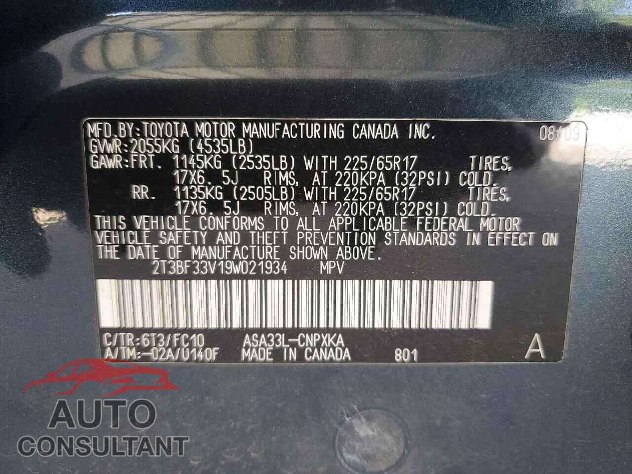 TOYOTA RAV4 2009 - 2T3BF33V19W021934