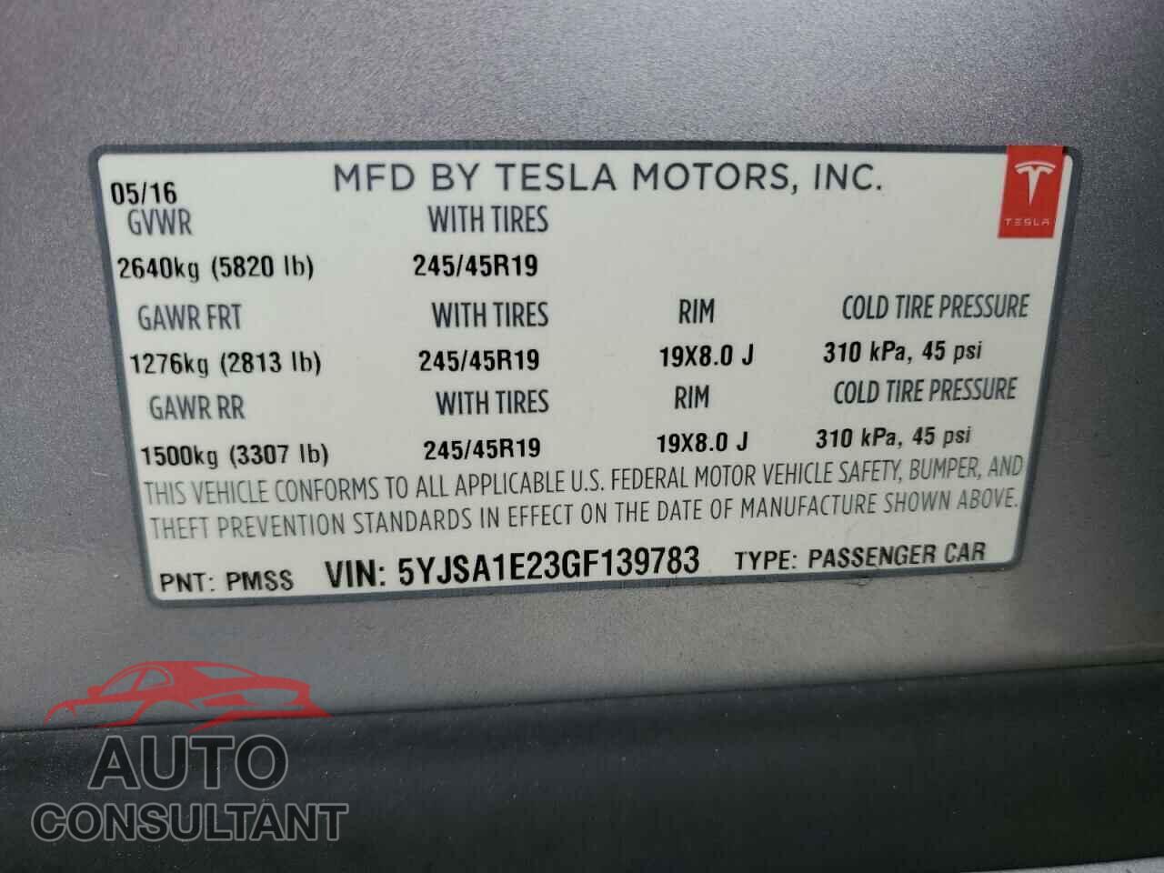 TESLA MODEL S 2016 - 5YJSA1E23GF139783