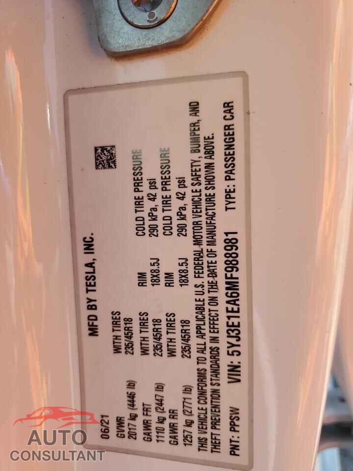 TESLA MODEL 3 2021 - 5YJ3E1EA6MF988981