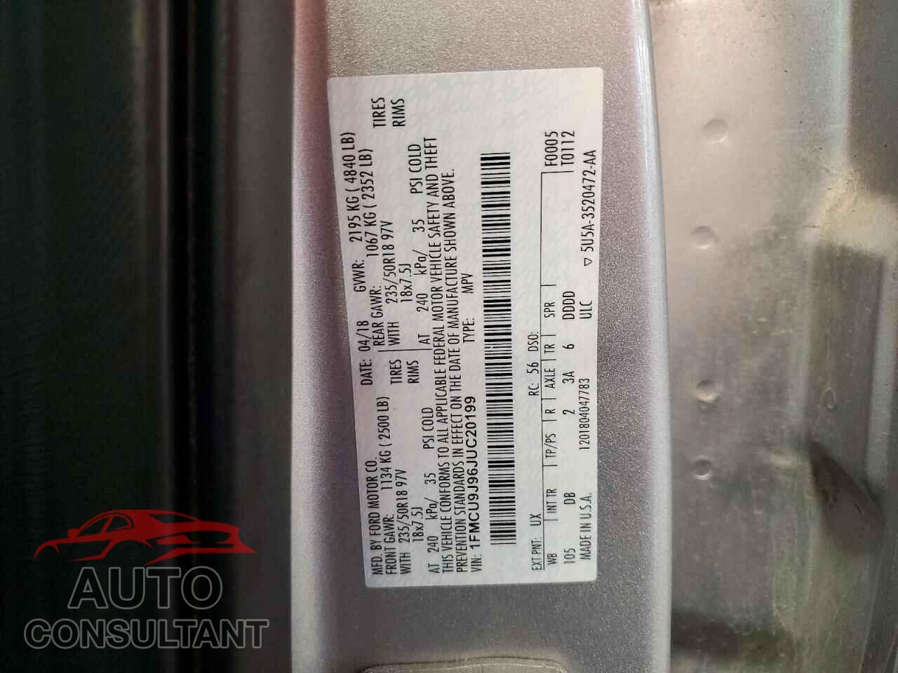 FORD ESCAPE 2018 - 1FMCU9J96JUC20199