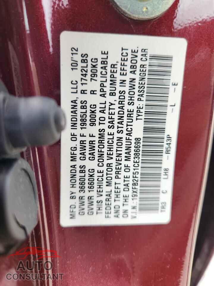 HONDA CIVIC 2012 - 19XFB2F51CE386698