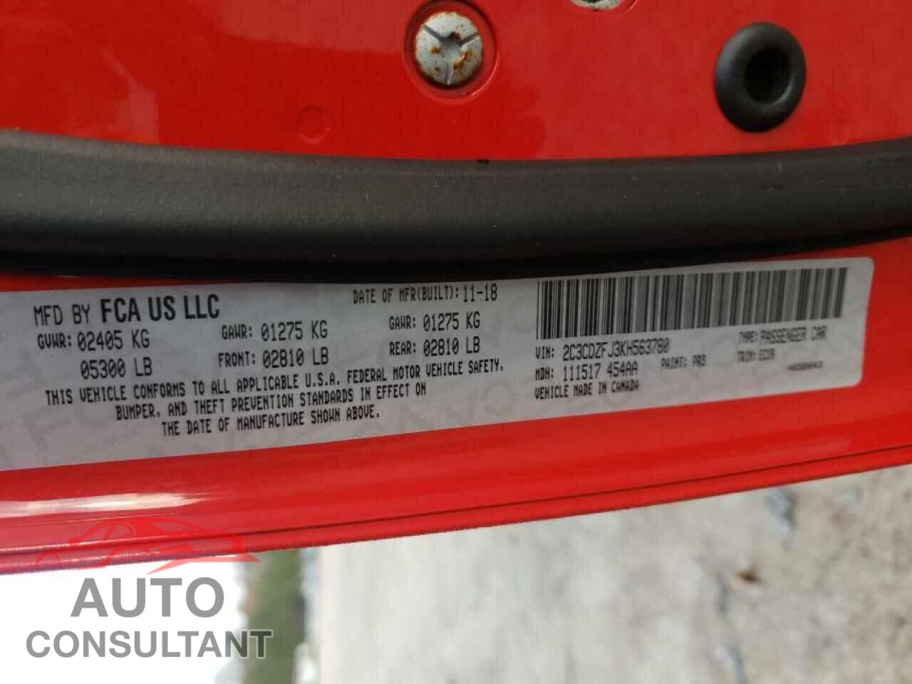 DODGE CHALLENGER 2019 - 2C3CDZFJ3KH563780