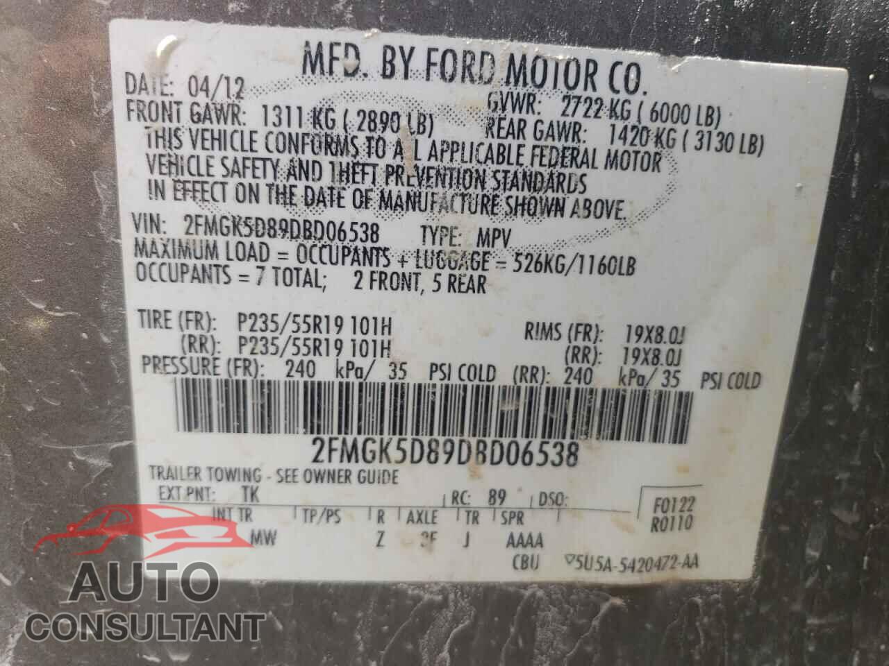 FORD FLEX 2013 - 2FMGK5D89DBD06538