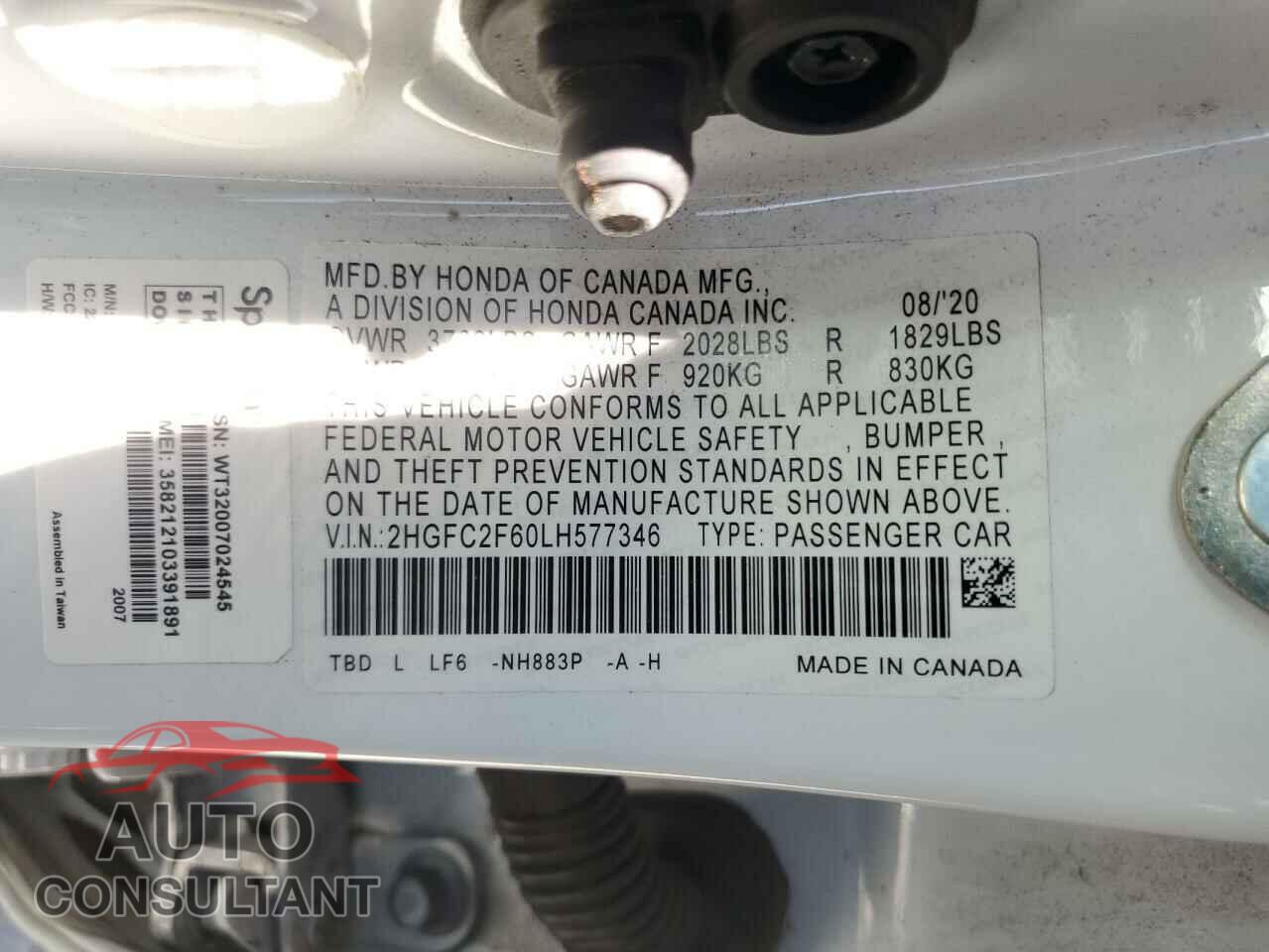 HONDA CIVIC 2020 - 2HGFC2F60LH577346