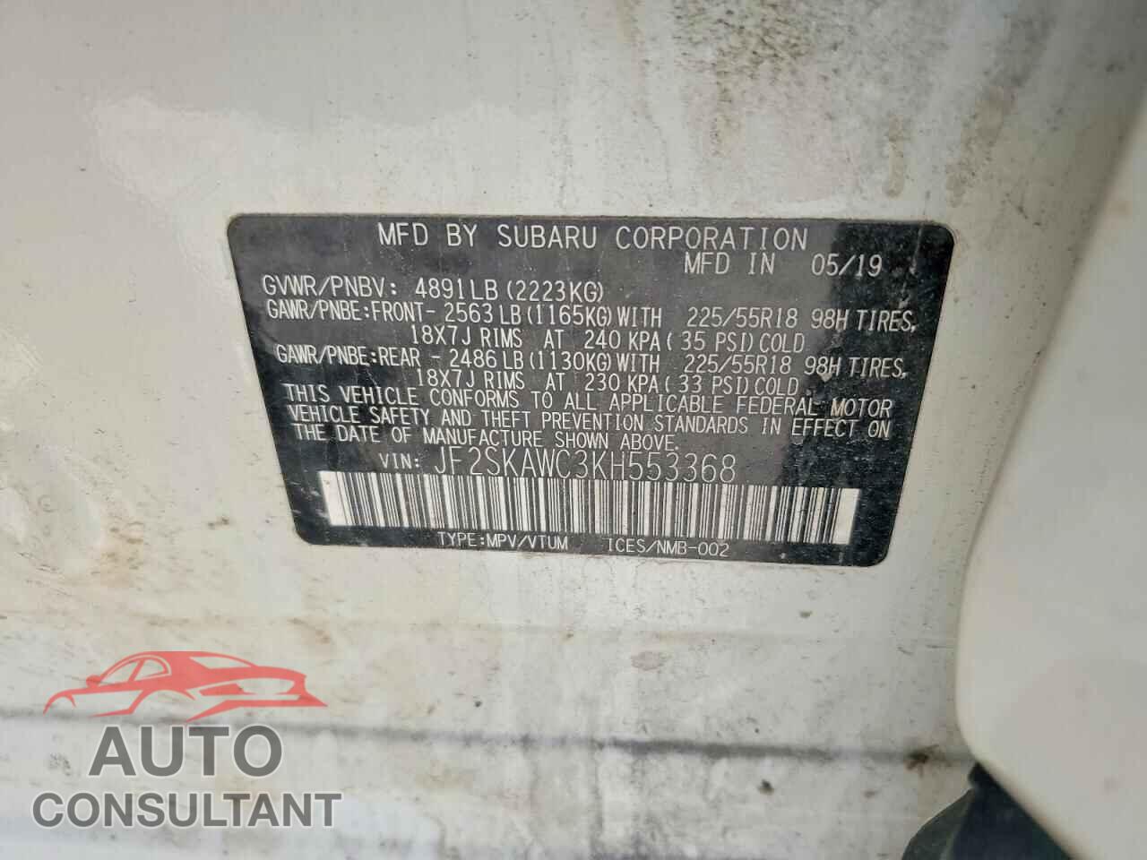 SUBARU FORESTER 2019 - JF2SKAWC3KH553368