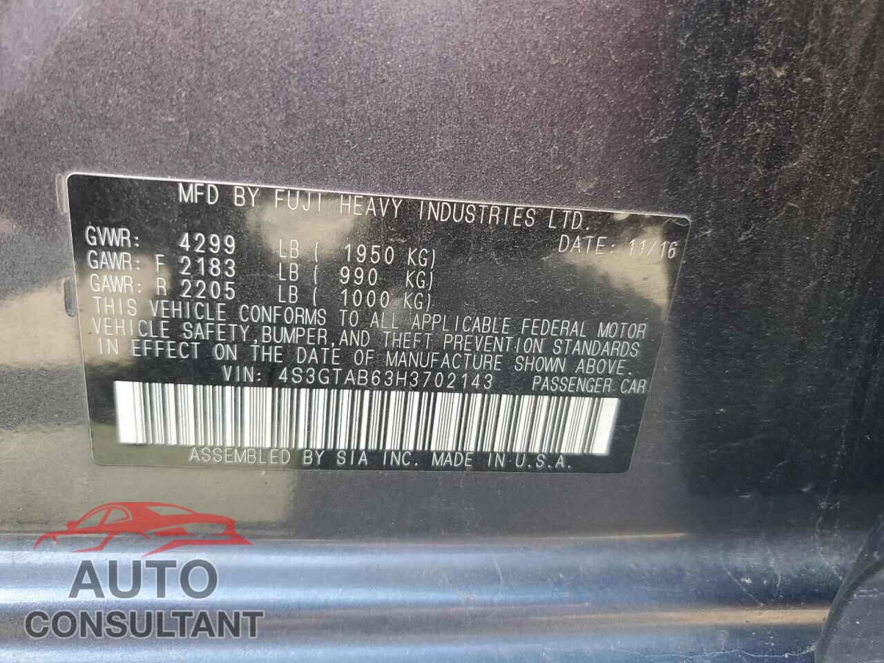 SUBARU IMPREZA 2017 - 4S3GTAB63H3702143