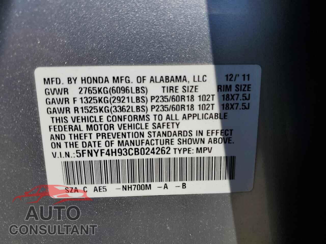 HONDA PILOT 2012 - 5FNYF4H93CB024262