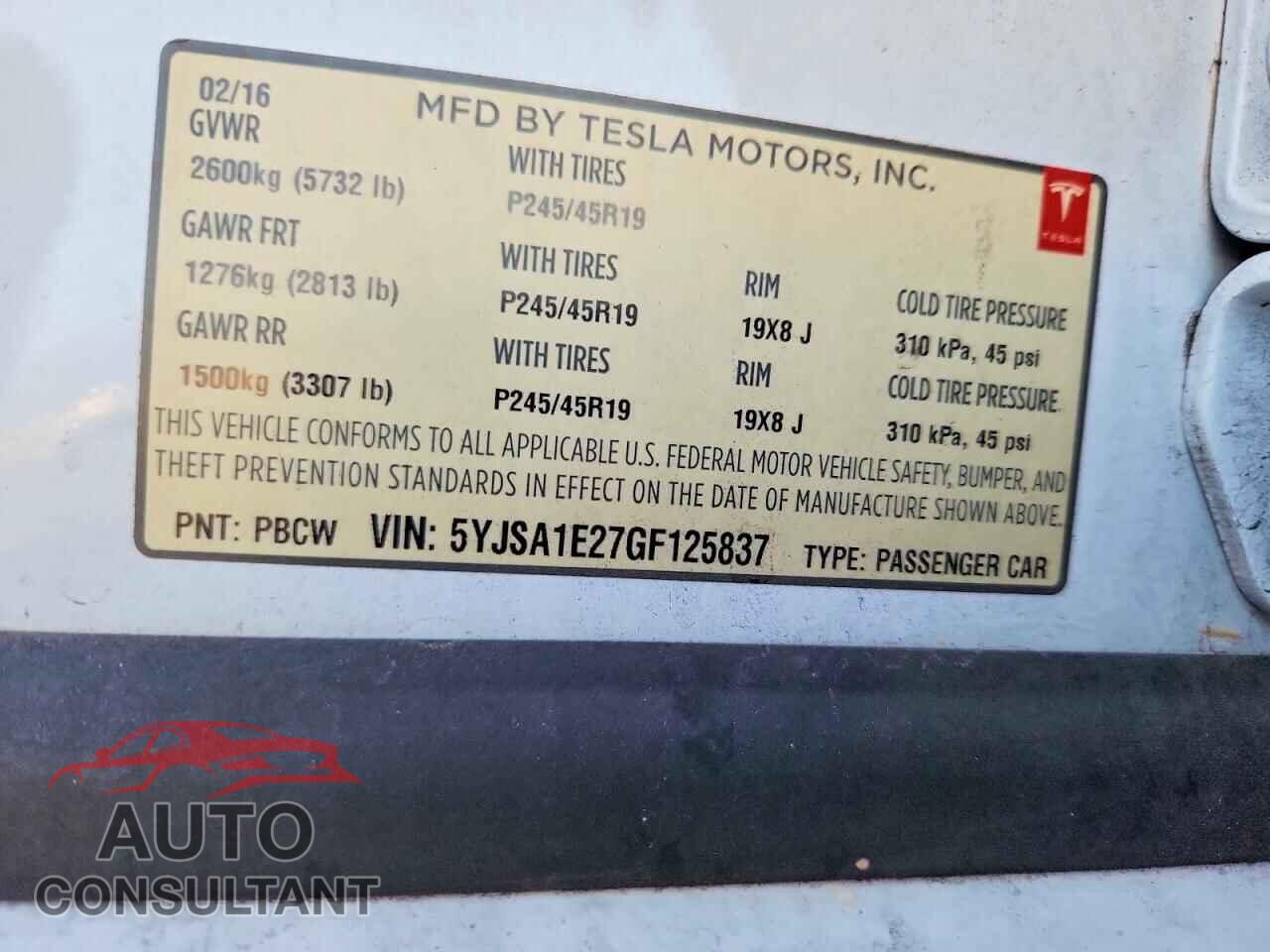 TESLA MODEL S 2016 - 5YJSA1E27GF125837