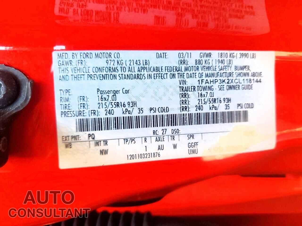 FORD FOCUS 2012 - 1FAHP3K2XCL118144