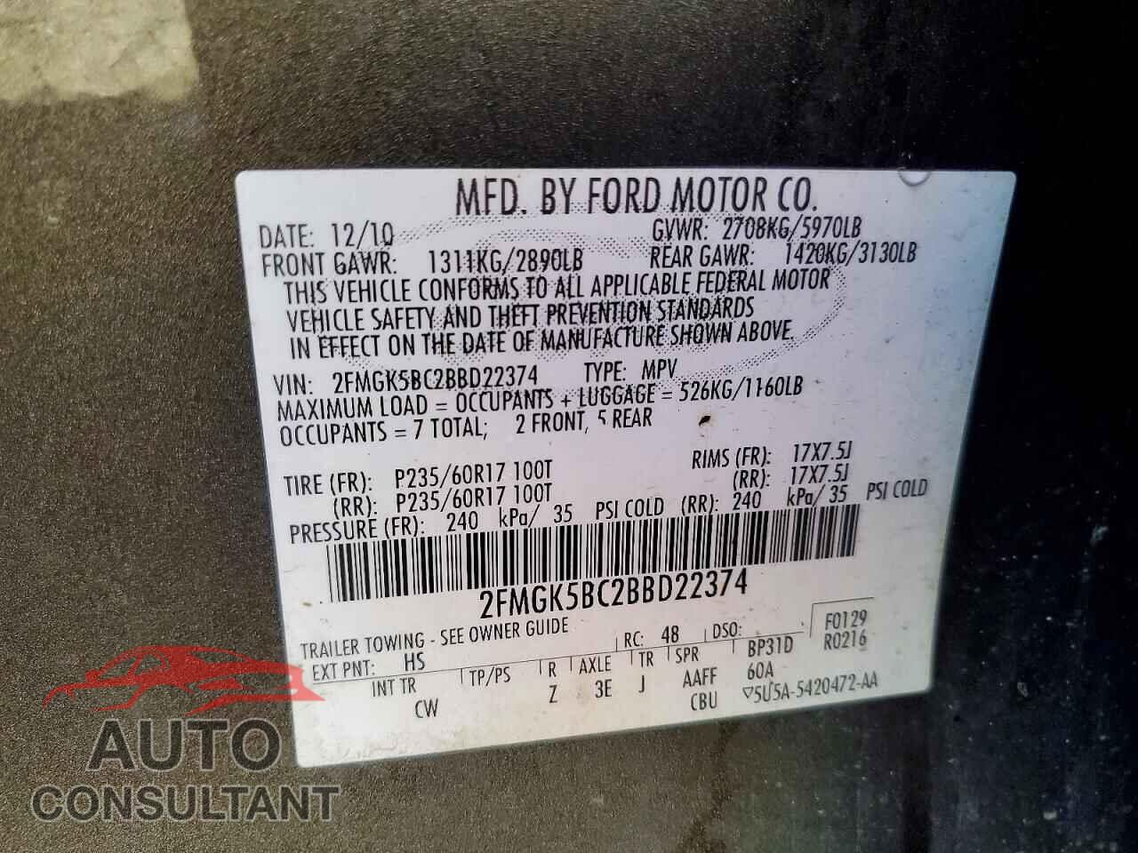 FORD FLEX 2011 - 2FMGK5BC2BBD22374