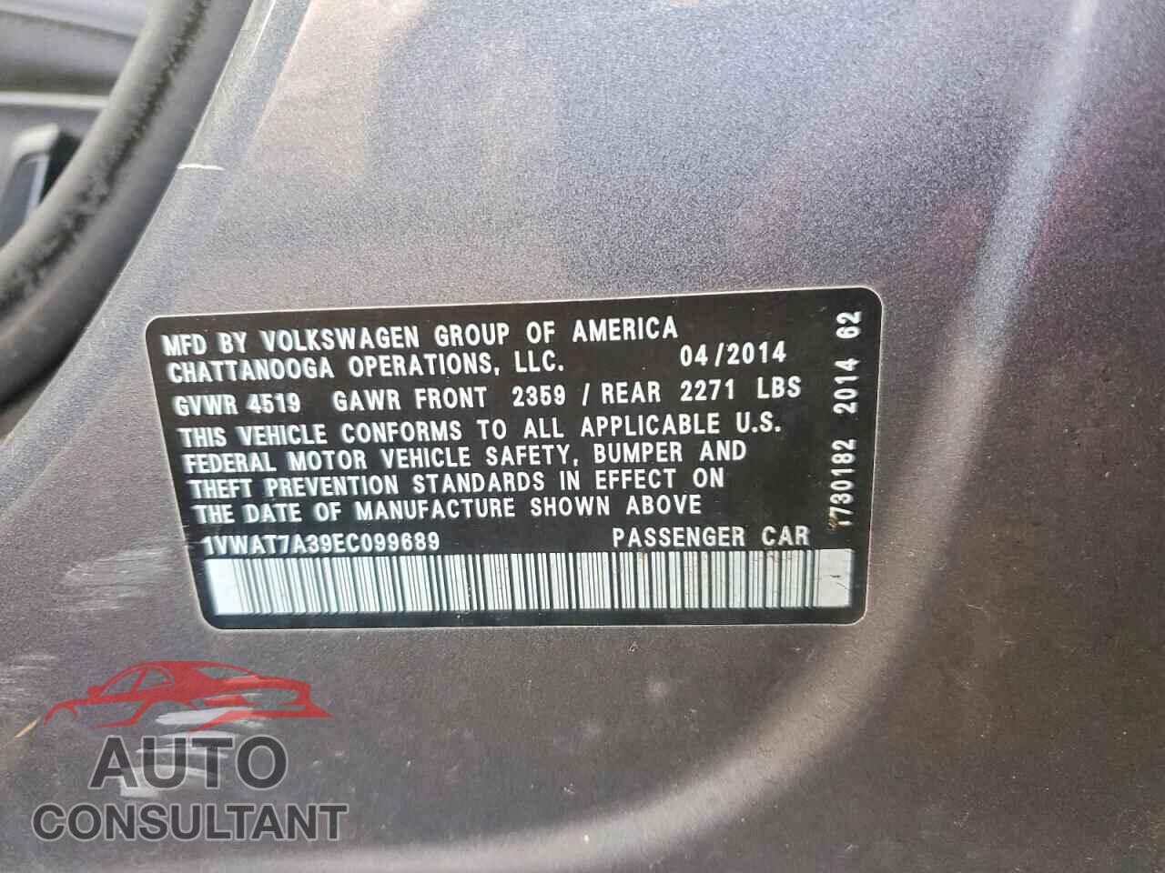 VOLKSWAGEN PASSAT 2014 - 1VWAT7A39EC099689