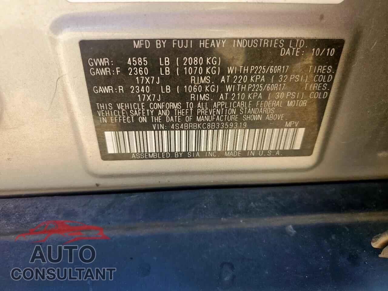 SUBARU OUTBACK 2011 - 4S4BRBKC8B3359319