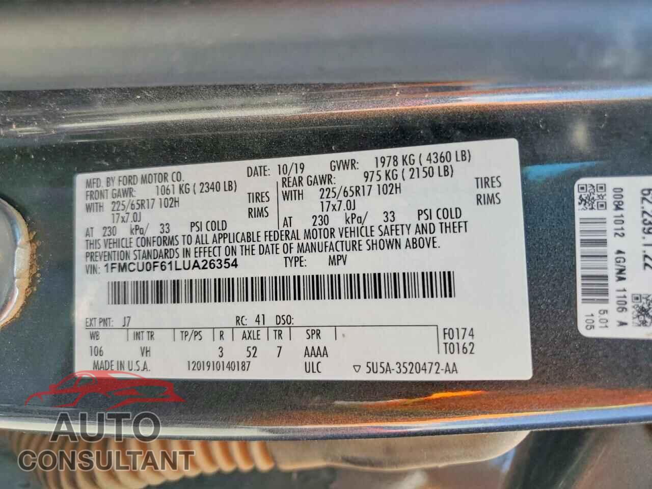 FORD ESCAPE 2020 - 1FMCU0F61LUA26354