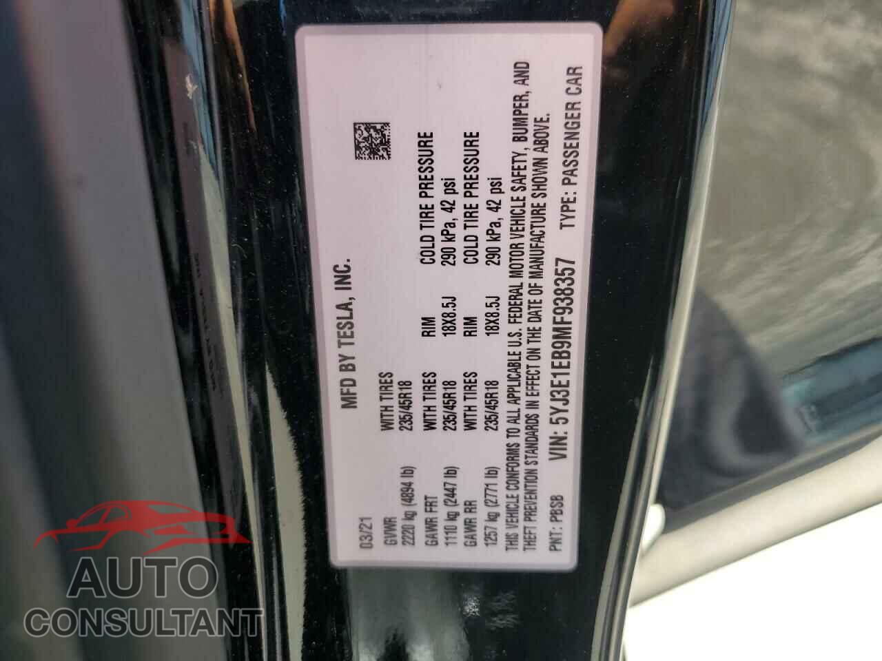 TESLA MODEL 3 2021 - 5YJ3E1EB9MF938357