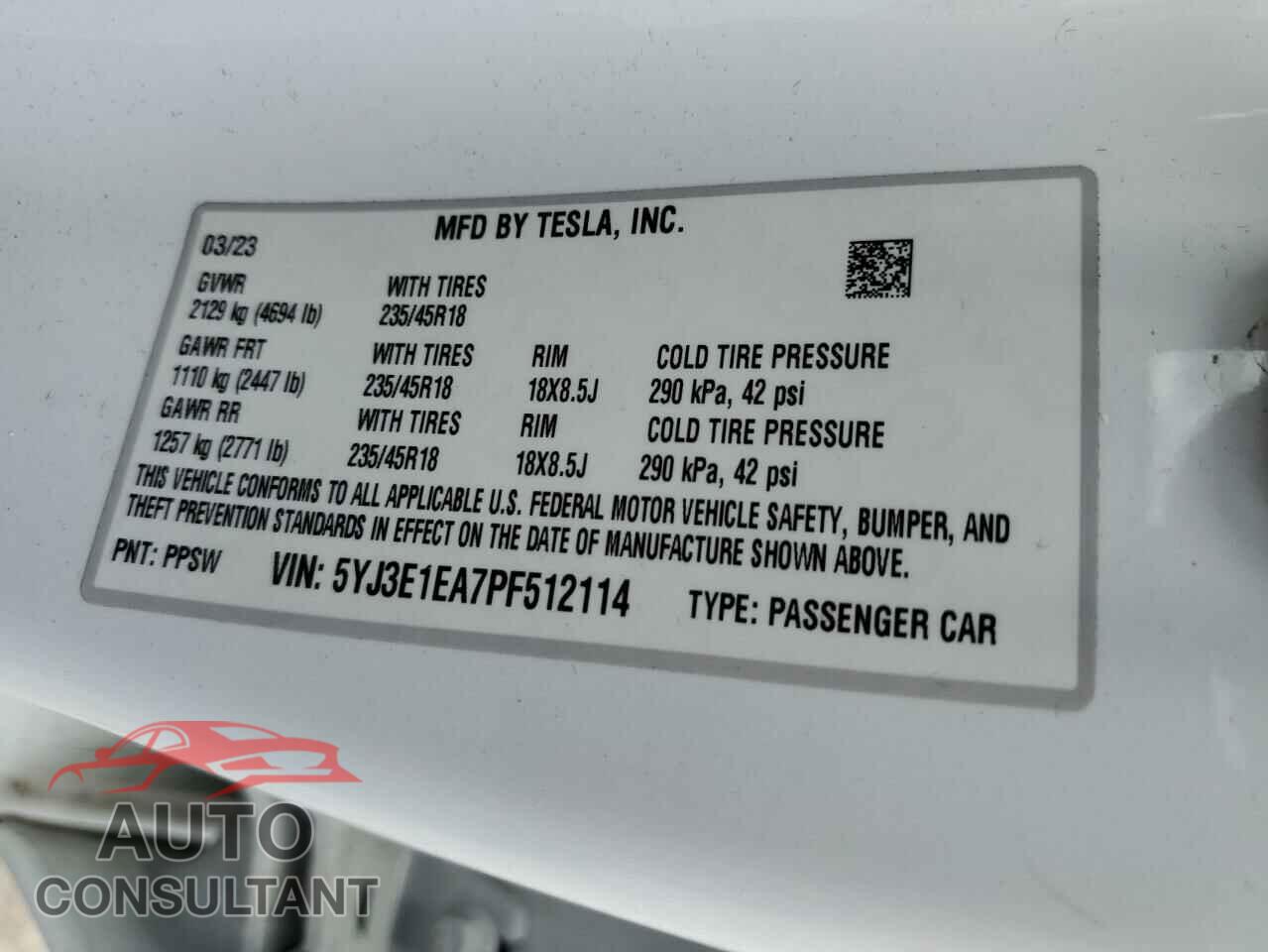 TESLA MODEL 3 2023 - 5YJ3E1EA7PF512114