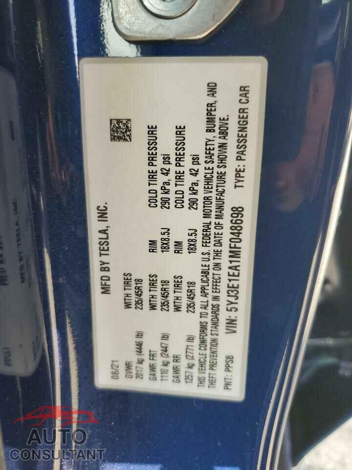 TESLA MODEL 3 2021 - 5YJ3E1EA1MF048698