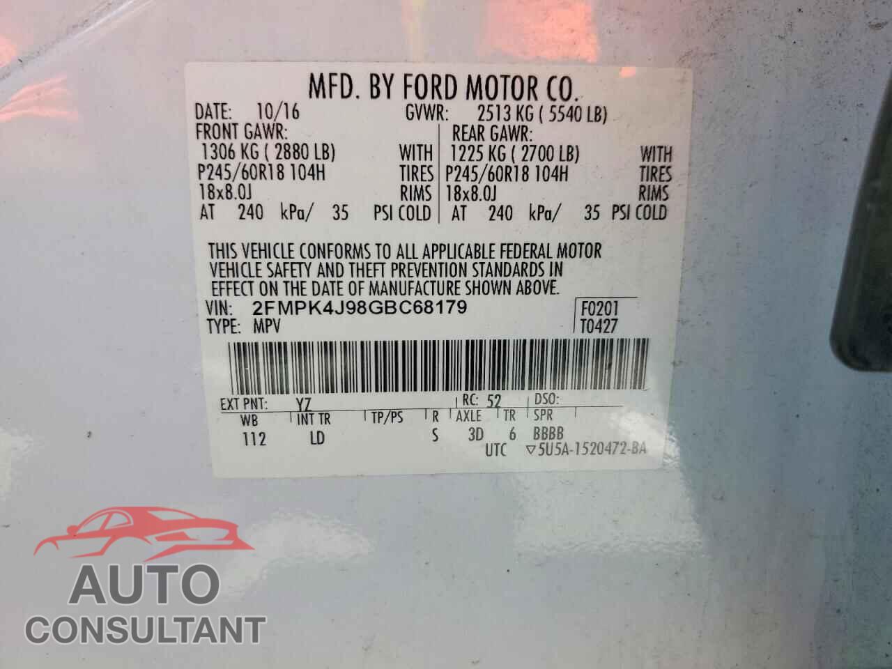 FORD EDGE 2016 - 2FMPK4J98GBC68179