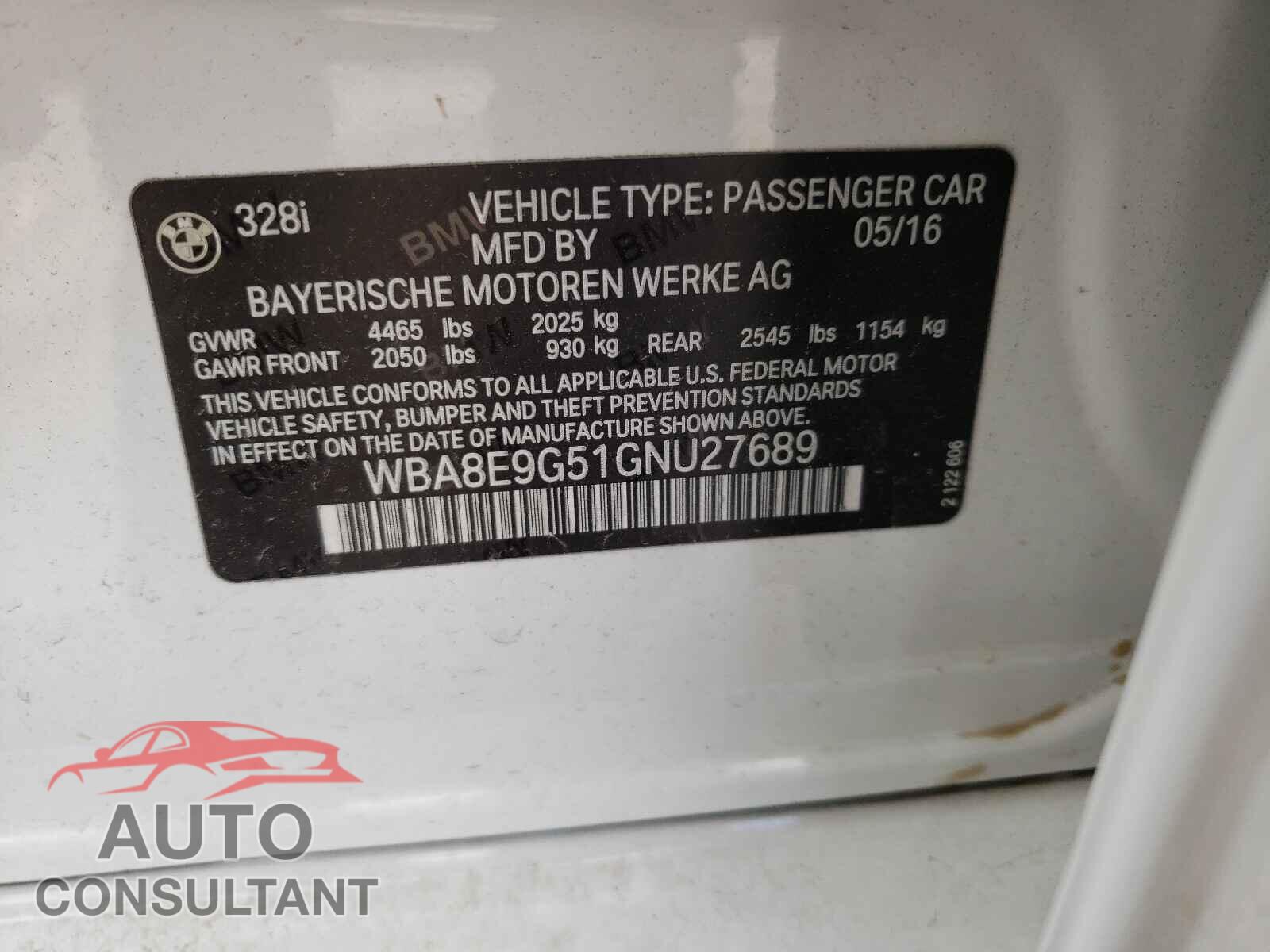 BMW 3 SERIES 2016 - WBA8E9G51GNU27689