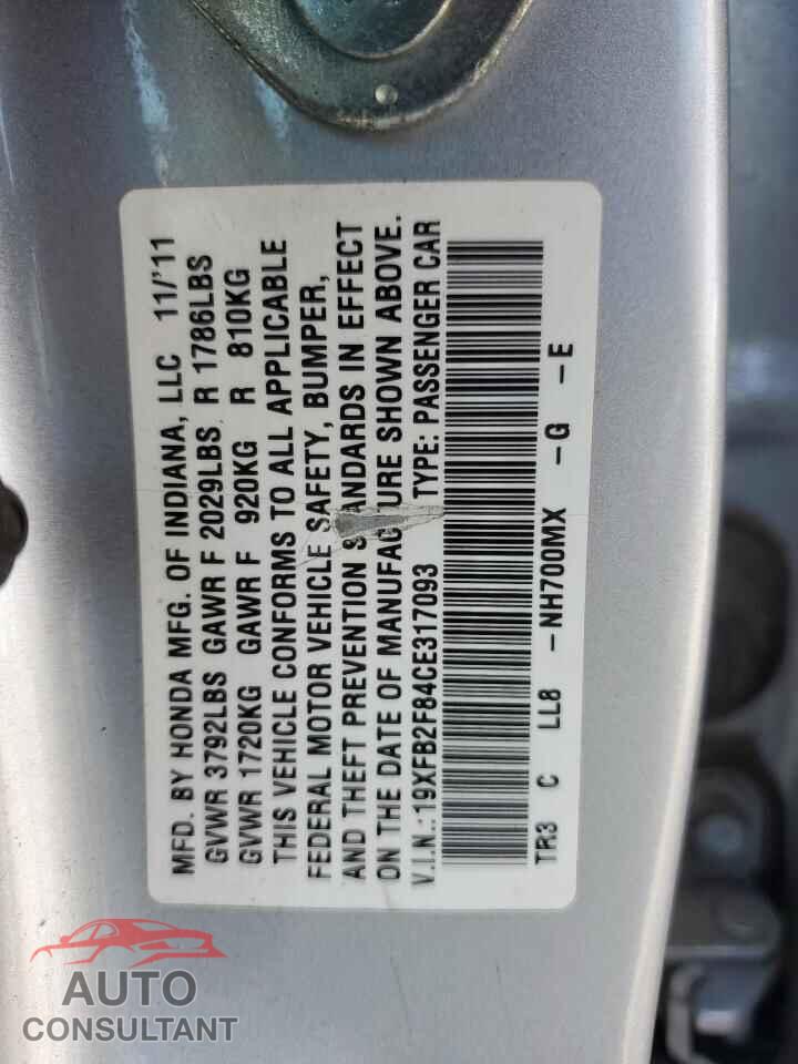 HONDA CIVIC 2012 - 19XFB2F84CE317093