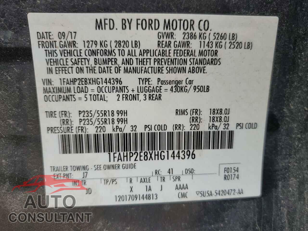 FORD TAURUS 2017 - 1FAHP2E8XHG144396