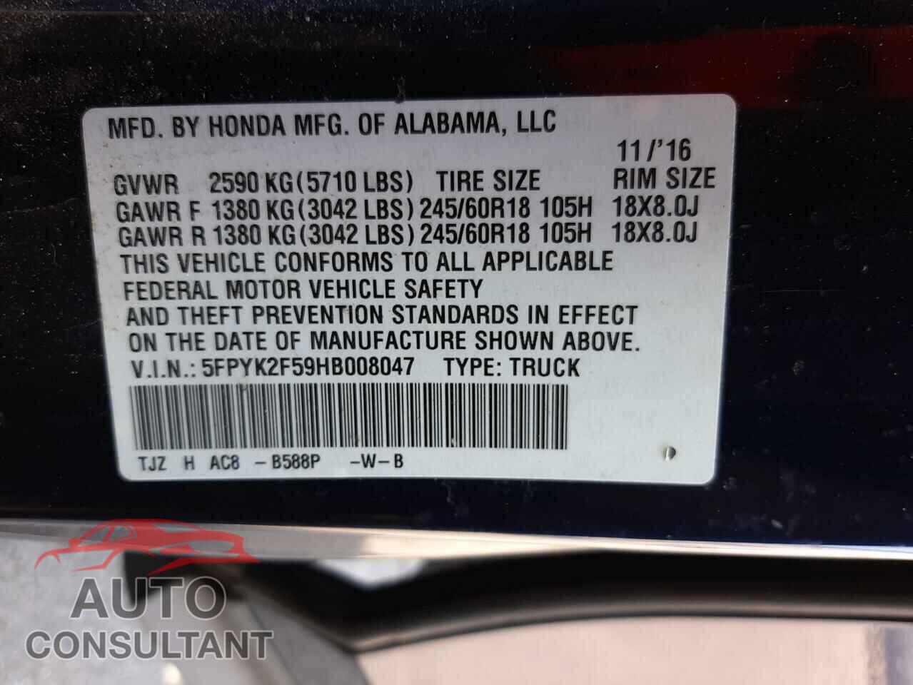 HONDA RIDGELINE 2017 - 5FPYK2F59HB008047