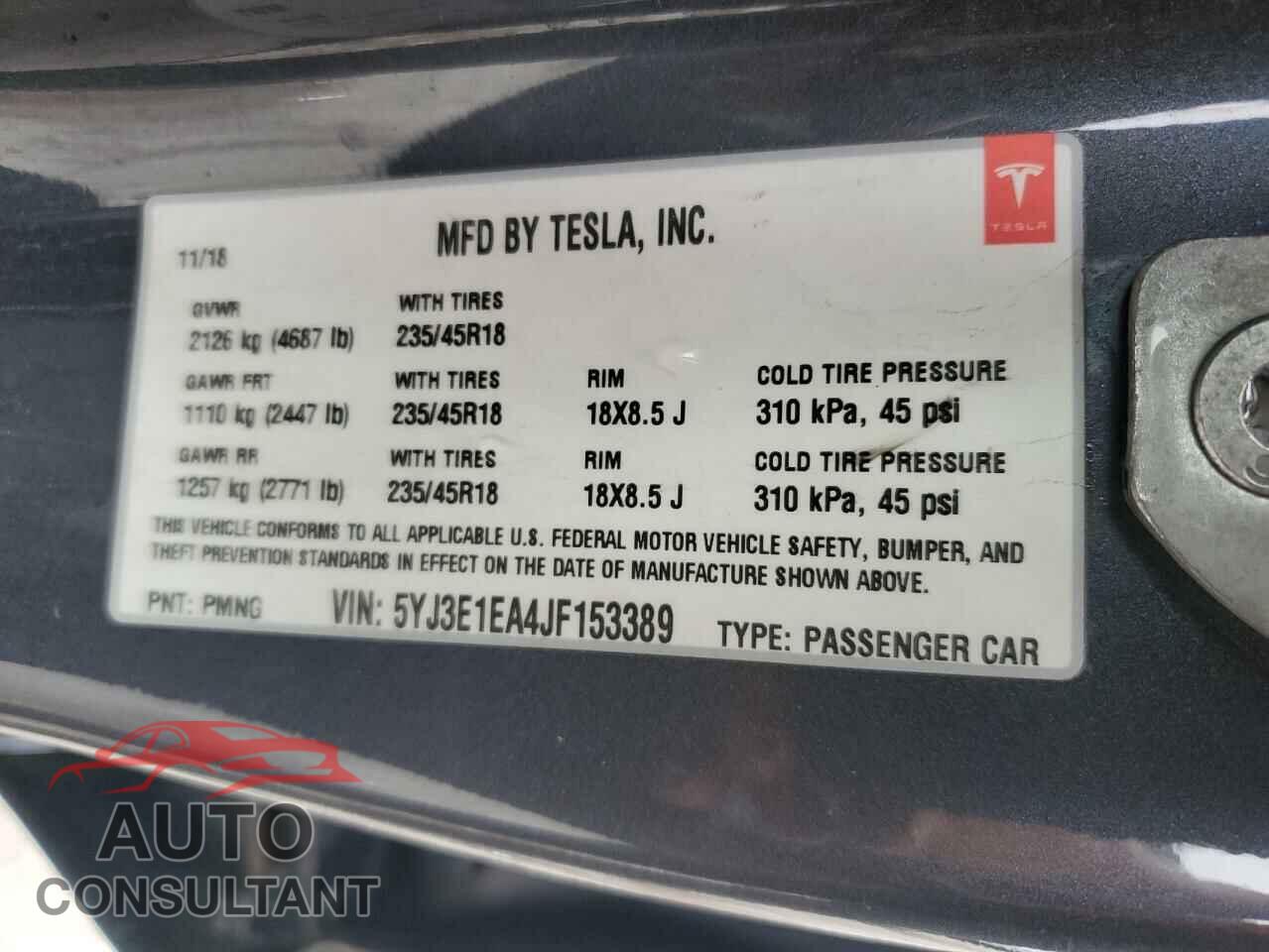 TESLA MODEL 3 2018 - 5YJ3E1EA4JF153389