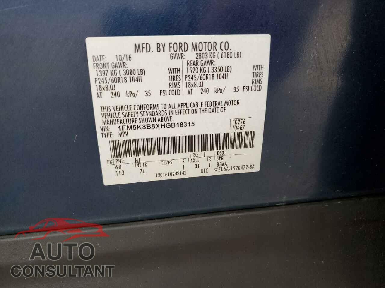 FORD EXPLORER 2017 - 1FM5K8B8XHGB18315