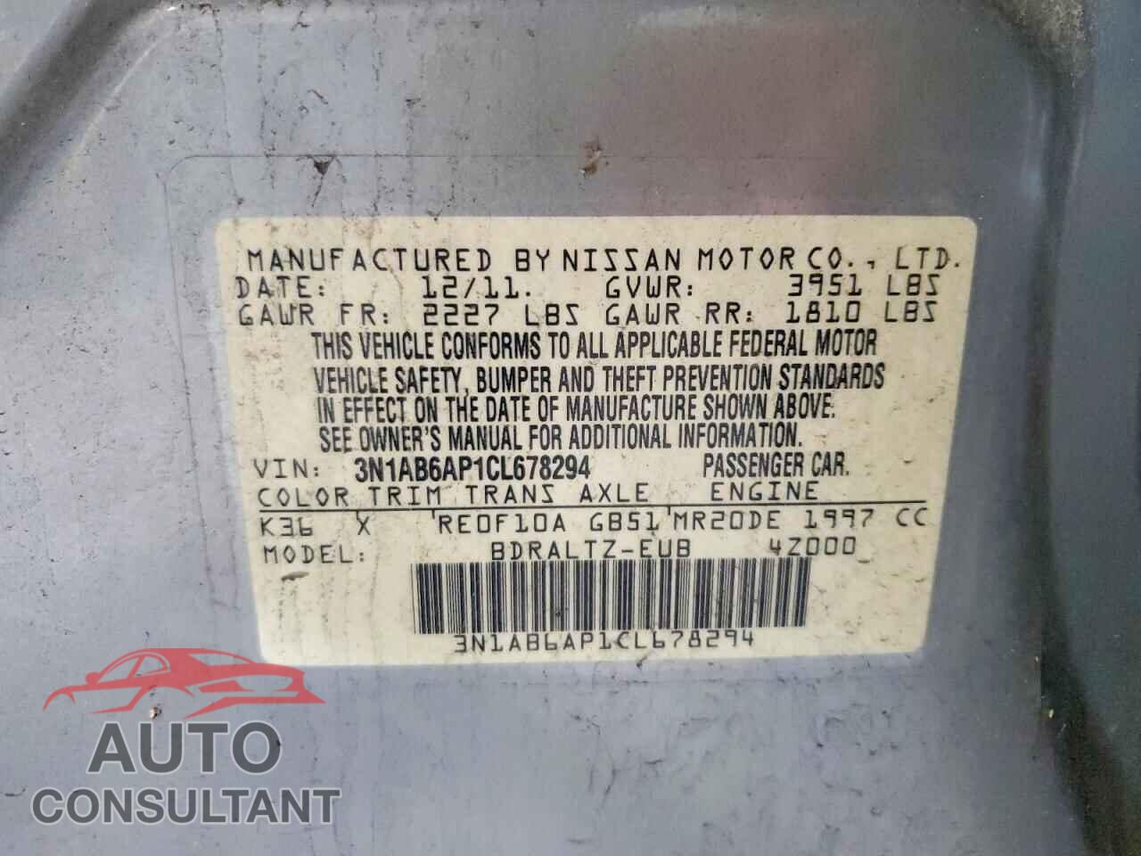 NISSAN SENTRA 2012 - 3N1AB6AP1CL678294